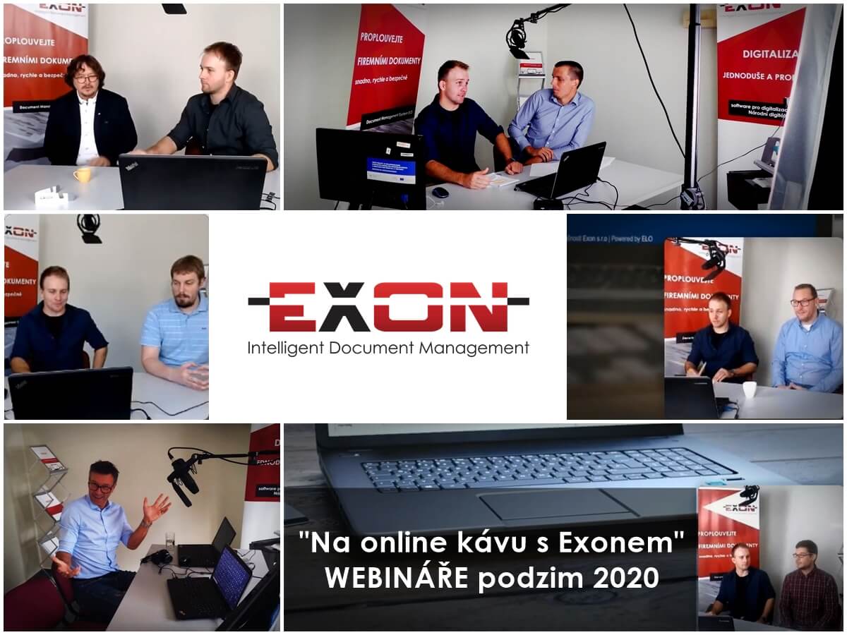 Webináře EXON "Na online kávu s Exonem" pořadané na podzim 2020. 7 webinářů na témata digitalizace a DMS/ECM systémy.