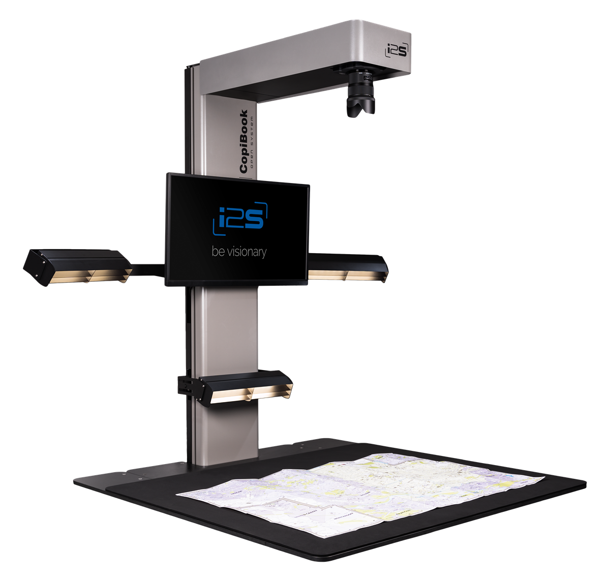Knižní skener i2S CopiBook nabízí po odejmutí knižní kolébky formát převyšující A1. Vhodné pro ploché předlohy, např. mapy, noviny, plakáty či stavební a výkresovou dokumentaci.