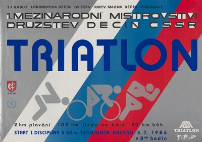 Plakát z mezinárodního mistrovství družstev v triatlonu - Děčín ČSSR - z roku 1986 .